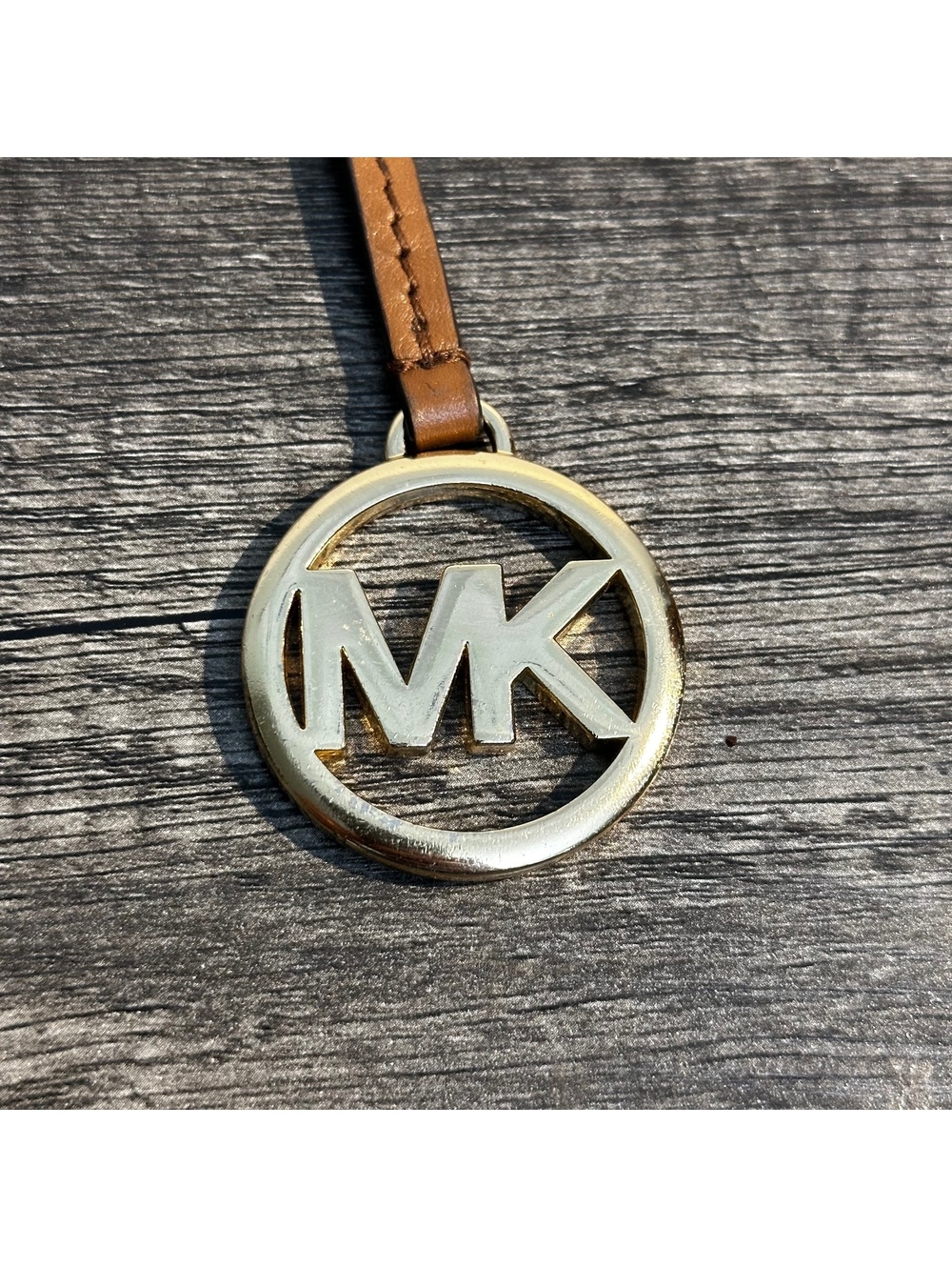 Michael Kors MK Logo Bag Charm Brown Leather Gold Tone